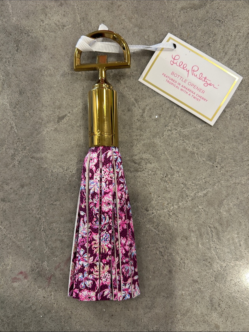 NWT Lilly Pulitzer Pink Floral Tassel Bottle Opener with Gold Hardware